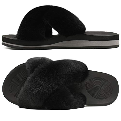 COFACE Womens Fuzzy Slides Fluffy Fax Fur Cross Slippers Open Toe Yoga Mat House Slippers Sandals With Arch Support For Indoor/Outdoor