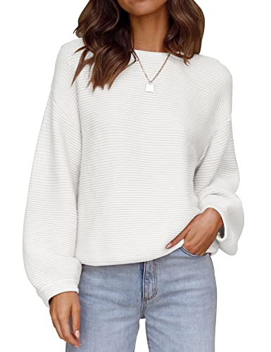 ZESICA Women's 2023 Crew Neck Long Lantern Sleeve Casual Loose Ribbed Knit Solid Soft Pullover Sweater Tops,White,Large