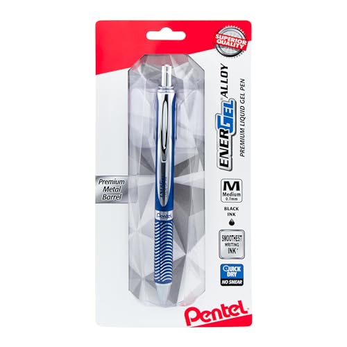 Pentel EnerGel Alloy Premium Liquid Gel Pen, Medium Point, 0.7 mm, Navy/Silver Barrel, Black Ink