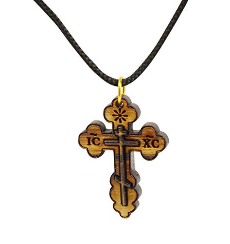 Most Original Gifts Orthodox Eastern St. Nicholas Olive Wood Cross Necklace in Cotton Pouch Bethlehem Certified - Wooden Cross Necklace for Men & Women