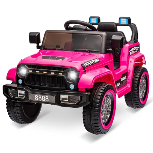 Hetoy Kids Ride On Truck Car, 12V Battery Powered Electric Car w/Parent Remote Control, Spring Suspension, 3 Speeds, LED Lights, Music & Horn, Kids Electric Vehicles Toy Gift for Boys Girls, Pink