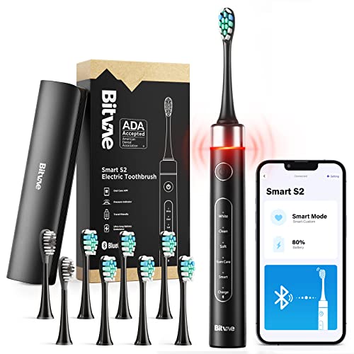 Bitvae Electric Toothbrush for Adults, Bluetooth Electric Toothbrush with Pressure Sensor & Smart Timer, ADA Accepted, 5 Modes Rechargeable Toothbrush, Charge Lasts 100 Days, 8 Brush Heads, Black S2