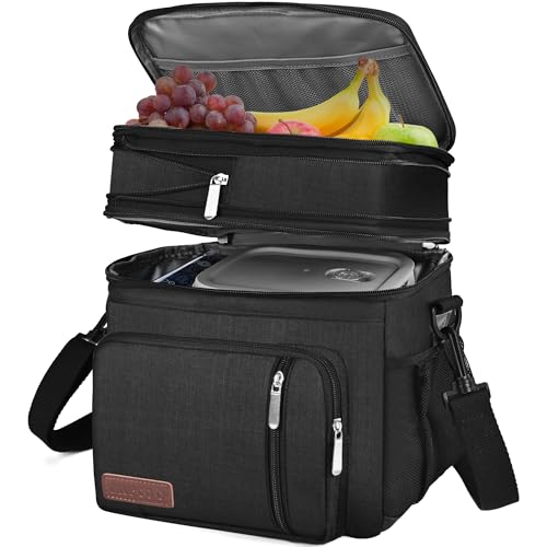 MIYCOO Lunch Bag & Lunch Box for Men Women Double Deck - Leakproof Insulated Soft Large Adult Lunch Cooler Bag for Work (Black,15L)