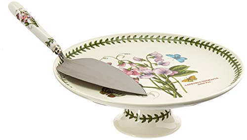 Portmeirion Botanic Garden 10' Footed Cake Plate with Server | Sweet Pea Motif | Fine Porcelain and Steel | Dishwasher, Microwave, Freezer, and Warm Oven Safe