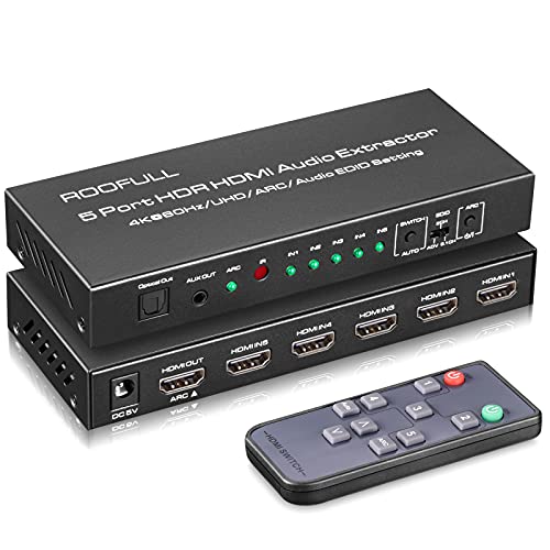 ROOFULL 5 Port 4K@60Hz HDMI Switch with Optical & 3.5mm AUX Audio Out, 5 in 1 Out HDMI 2.0 Switch Audio Extractor with Remote, Support ARC, HDR 10, HDCP 2.2, 18Gbps, Dolby Vision/Atmos, 3D, 1080P