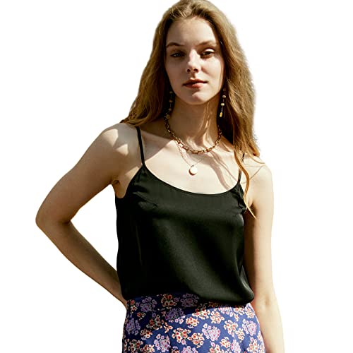 Silk Camisole for Women 19 Momme Mulberry Silk Elegant Tank Tops Basic Scoop Neck Lingerie Cami Top Blouses with Adjustable Spaghetti Straps, Summer Ladies Casual Sleeveless Smooth Camisoles,Black,S