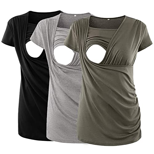 Ecavus 3PCS Women's Maternity Nursing Tops Short & Long Sleeve Side Ruched Breastfeeding Shirt (M, Black/Light Grey/Army Green)