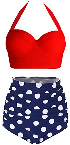Amourri Womens Retro Vintage Polka Underwire High Waisted Swimsuit Bathing Suits Bikini,Red+blue,US 8-10=Tag Size XL