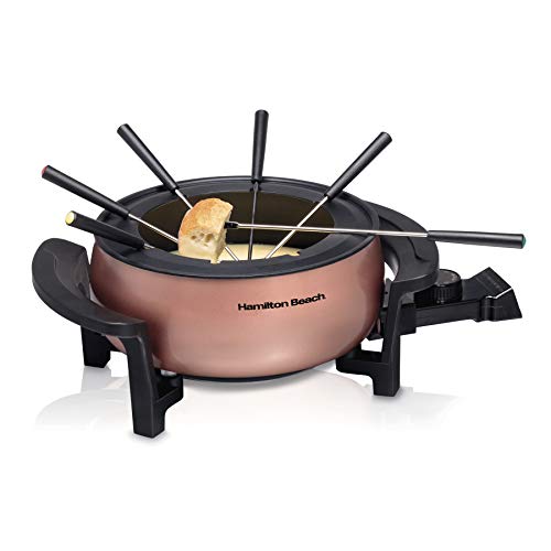 Hamilton Beach 12 Cup Electric Fondue Pot Set with Temperature Control, 6-Color Coded Forks, for Cheese, Chocolate, Hot Oil, Broth, 3 Quarts, Copper (86201)