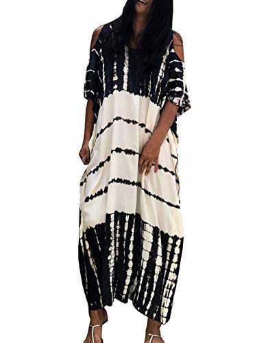 Chunoy Women Cold Shoulder Loose Turkish Beach Cover Up Bikini Caftan Over Size Kaftan Maxi Dress Black White