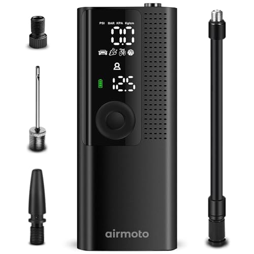 Airmoto Tire Inflator Portable Air Compressor - Air Pump for Car Tires with Tire Pressure Gauge (120 PSI) - One Click Smart Pump Tire Inflator for Car, Motorcycle, Bicycle and More