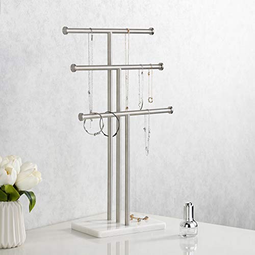 KES Jewelry Stand 3 Tier Necklace Holder with Natural Marble Base T-Shape Bracelet Holder Jewerly Holder Organizer SUS304 Stainless Steel Brushed Finish, SJT200-2