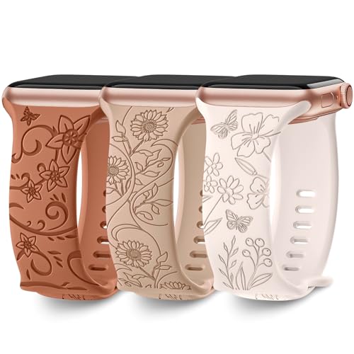3 Pack Floral Engraved Bands Compatible with Apple Watch Band 40mm 41mm 38mm 42mm 44mm 45mm 49mm Women,Soft Silicone Cute Wildflowers Sport Laser Strap for iWatch Bands Series 9 Ultra SE 8 6 5 4 3 2 1