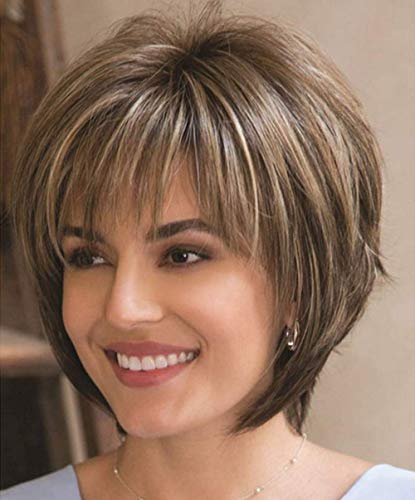 SEVENCOLORS Short Hair Wigs with Bangs Dark Brown Mixed Blonde Pixie Cut Wig for Women Straight Synthetic Fiber Wigs