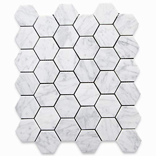 Stone Center Online Carrara White Marble 2 inch Hexagon Mosaic Tile Honed Kitchen Bath Wall Floor Backsplash Shower (1 Sheet)