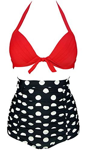 COCOSHIP Fiery Red & White Black Big Polka Dot Tie Front Top Halter High Waist Bikini Set Ruched Bathing Cruise Swimwear L(US8)