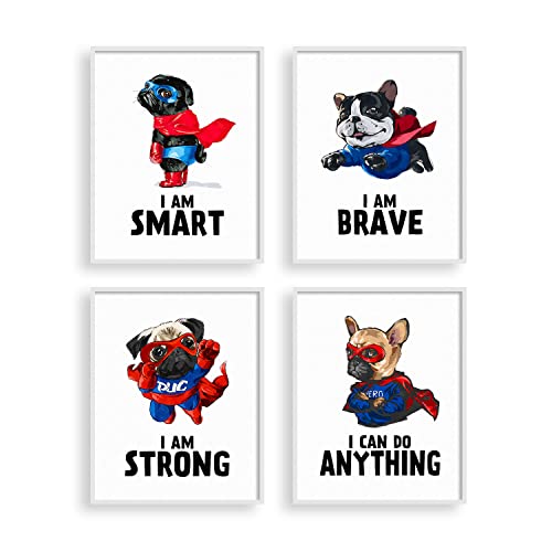 heilkee Funny Dog Wall Art Prints Inspirational Quote Posters for Kids Super Hero Room Decor for Boys Room Nursery Bedroom Pictures Set of 4(UNFRAMED 8x10in)