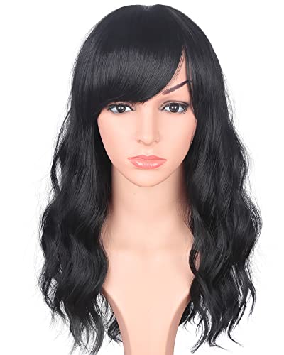 SYMEIW Medium Long Black Wavy Wigs For Women Synthetic Full Hair Natural Black Wigs With Side Bangs For Daily Use 16 Inches (NATURAL BLACK(1#))