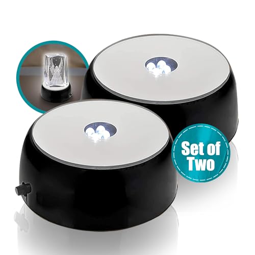 ASENTE 4 LED Light Stand Base - Circular Display Pedestal for 3D Crystal Glass Art - LED Light Base for Glass Art - Battery Powered Light Stand - Illuminated Pedestal Stand - Black, Set of 2