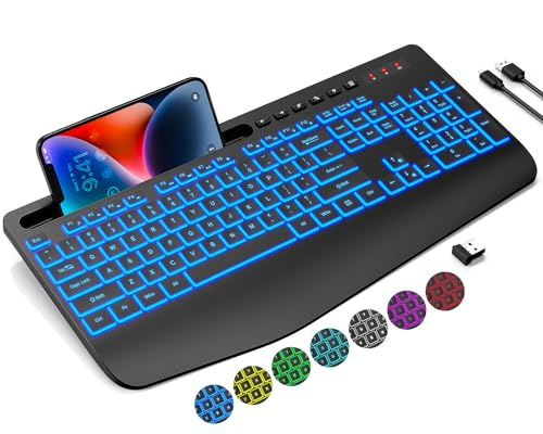 Trueque Wireless Keyboard with 7 Colored Backlits, Wrist Rest, Phone Holder, Rechargeable Ergonomic Keyboard with Silent Light Up Keys, Cordless Computer Keyboard for Windows, Mac, Laptop