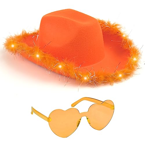 Funcredible Orange Cowgirl Hat with Glasses - Halloween Light Up Cowboy Hat with Feathers - Ideal for Festive Western Rodeo Gatherings and Celebrations - Perfect for Dress-Up