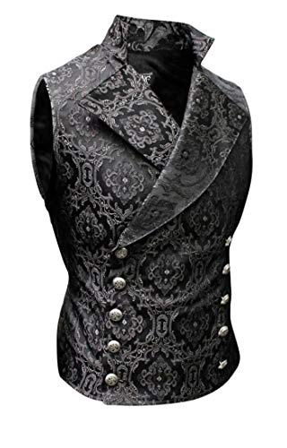Shrine Men's Victorian Gothic Formal Cavalier Vest Black Edwardian Brocade Fabric (XL)