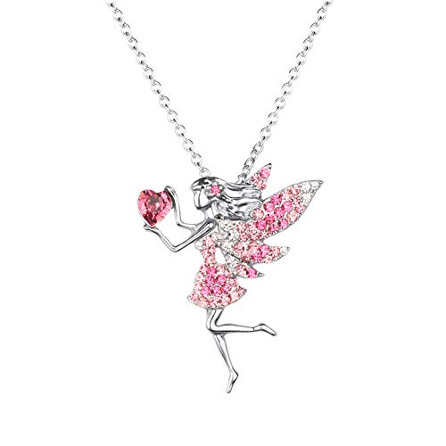 SUMFAN Fairy Necklace for Teen Girls,Birthstone Pendant Gift for Girls White Gold Plated Austrian Crystal Jewelry Gift (Pink)