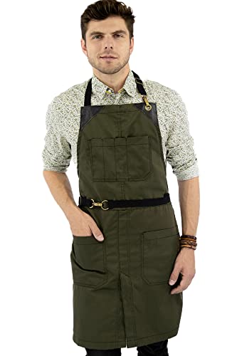 Under NY Sky No-Tie Moss Green Apron – Durable Twill with Leather Reinforcement and Split-Leg – Adjustable for Men, Women – Pro Barber, Tattoo, Barista, Bartender, Baker, Hair Stylist, Server Apron