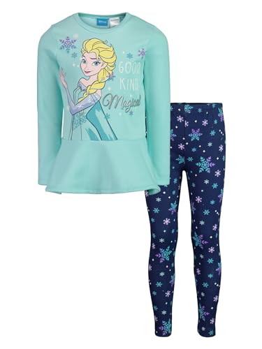 Disney Frozen Elsa Toddler Girls Fleece Long Sleeve Graphic T-Shirt and Leggings Outfit Set Turquoise/Blue 4T