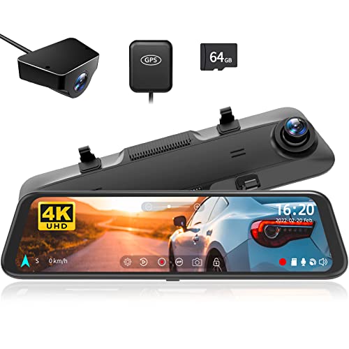 WOLFBOX 12' 4K Rear View Mirror Camera, Smart Full Touch Screen Mirror Dash Cam Front and Rear, Backup Camera with 1080P Rear Camera, Dash Cam with WDR Camera,Night Vision,Free 64GB Card & GPS