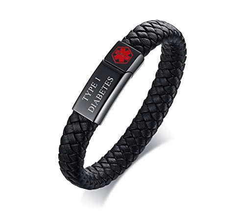 Hisatan Free Custom Engraving Braided Genuine Leather Emergency Medical Alert ID Cuff Bracelet with Sturdy Clasp,Type 1 Diabetes