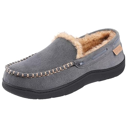 Zigzagger Men's Moccasin Slippers Memory Foam House Shoes, Indoor and Outdoor Warm Loafer Slippers,grey,10 M US