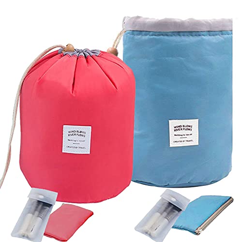 INVODA 2PCS Travel Cosmetic Bags Barrel Makeup Bag Portable Foldable Cases Multifunctional Toiletry Bucket Bags Round Bag Organizer (Blue+Red)