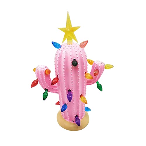 Cactus Christmas Tree with Lights - Lighted Resin Ceramic Christmas Tree - Vintage Christmas Cactus Decor - Light Up Christmas Tree Cactus for Home Decorations/230 (Color : Pink)