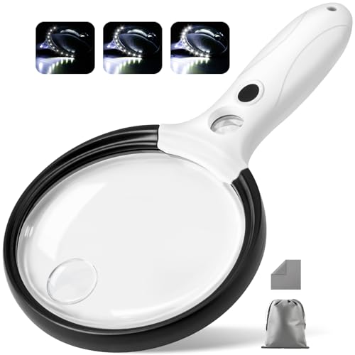 Large Magnifying Glass with Light, 10X 25X 45X Handheld Illuminated Magnifier with 3 Light Modes, 12 LED Lights, Storage Bag, Clean Cloth for Seniors Reading Coins Inspection