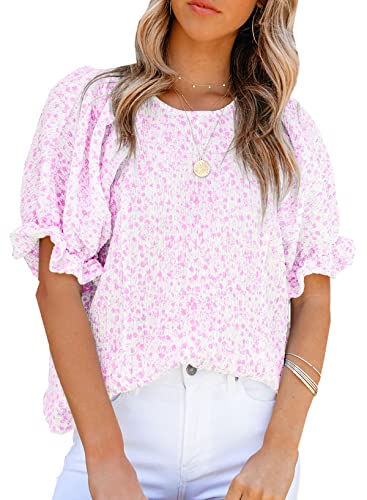 Dokotoo Womens Tops Summer Blouses and Tops Casual Floral Print Crewneck Flowy Smocked Puff Short Sleeve Shirt Stylish Loose Babydoll Blouse Elegant Solid Shirts Top for Teen Girls Juniors XL Pink