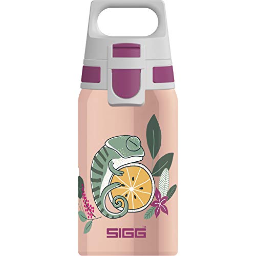 SIGG - Kids Water Bottle - Shield ONE Flora - Leakproof - Lightweight - BPA Free - Stainless Steel - Pink With Chameleon - 17 Oz