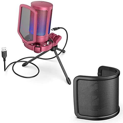 FIFINE AmpliGame PC Gaming Streaming USB RGB Microphone with Pop Filter, Shock Mount for Podcasts, TikTok, Game Chat, Home Use - Red (A6VR+U1)