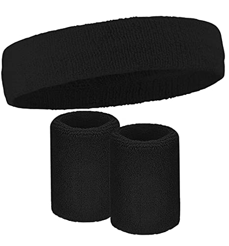 Sweatbands Set - Head & Wrist Sweat Bands - Terry Cloth Sweatbands for Tennis, Working Out, Sports, Basketball, Gym, Cosplay Costume - Headband & Wristbands for Men & Women - Stretchy & Soft Cotton