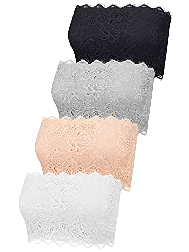 4 Pieces Women's Lace Bandeau Bra Strapless Bra Bralette Seamless Bandeau Crop Tube Top Bra (Black, White, Skin Color, Grey, Medium)