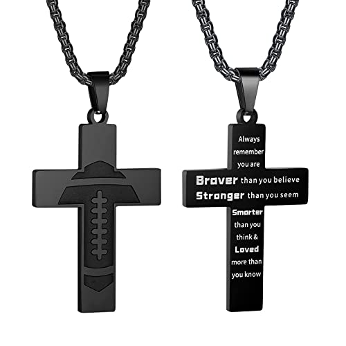 HattiDoris Football Cross Necklace for Boys Inspirational Bible Verse Cross Pendant Stainless Steel Chain 22+2 inch Football Sports Jewelry Football Gift for Men Women(B-Brave Strong)