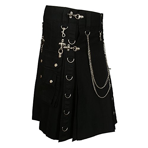 Scottish Designer Black Fashion Gothic Kilt with Silver Chains (Belly Button 32)