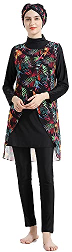 Wowdecor Muslim Swimsuits for Women Printed 3 Pieces Fully Covered Swimwear Rash Guard Burkini with Detachable Hijab (Black, L)