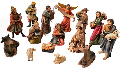 Faithful Treasure 15-Piece Nativity Set of 4 inches Tall Hand-Painted Figurines for Christmas Nativity Scene.