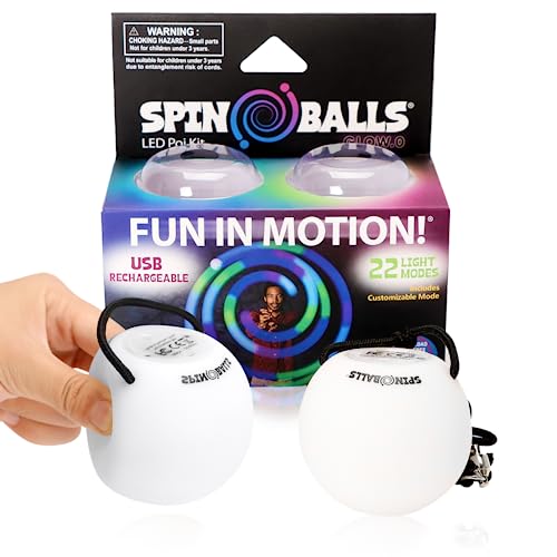 SPIN BALLS Glow.0 LED Poi Balls Glow – USB Rechargeable with 22 Vibrant Color Light Modes & Patterns – Durable, Soft-Core LED Poi Spinning Balls with Adjustable Leashes & Double-Loop Handles
