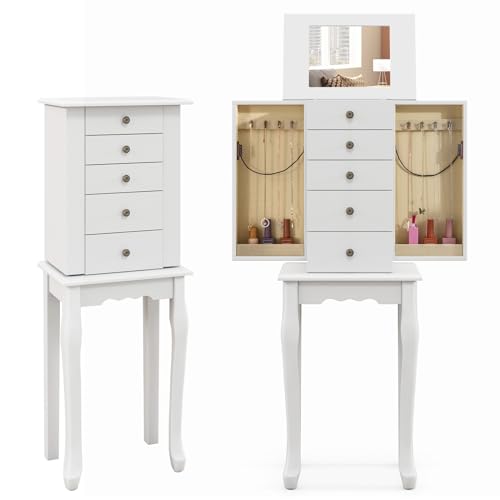 Giantex Jewelry Cabinet Armoire Chest with 4 Drawers, Flip Top Mirror, Top Storage Compartments, 2 Side Doors with 8 Necklace Hooks, 2 Shelves, White Standing Jewelry Organizer Box for Girls Gift