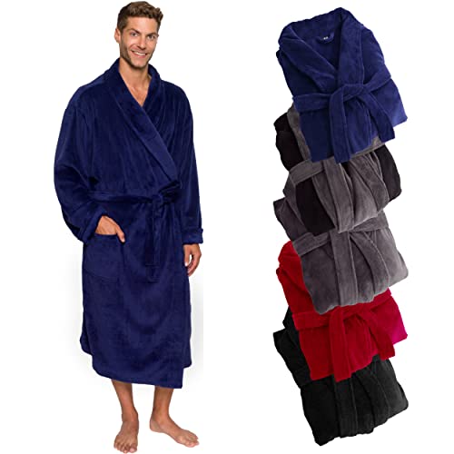 Ross Michaels Mens Robe Shawl Collar Wrap Style - Mid Length Plush Fleece Bathrobe (Navy, Large/X-Large)