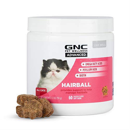 GNC for Pets ADVANCED Hairball Control Cat Supplements, 60 ct | Chicken Flavored Cat Hairball Supplements with Omega Fatty Acids, Psyllium Husks, & Biotin | Made in the USA