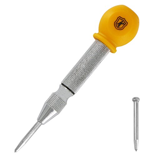 MulWark 5' Spring-Loaded Automatic Steel Center Hole Punch Marker Scriber For Wood, Metal, Plastic, Car Window Puncher Breaker Tool-With Palm Cushion Cap, Adjustable Impact-A Replacement Tip Included