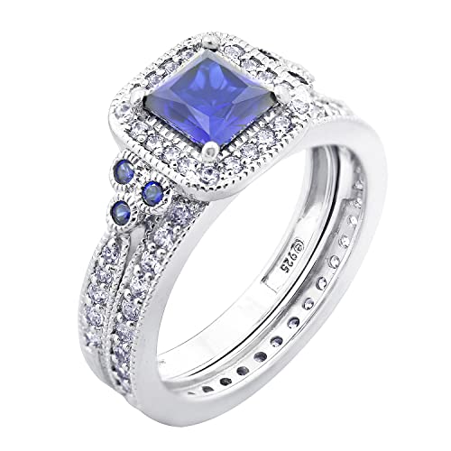 Amazon Essentials Platinum-Plated Sterling Silver Princess Created Sapphire Vintage Bridal set Infinite Elements Cubic Zirconia Ring, Size 7 (previously Amazon Collection)